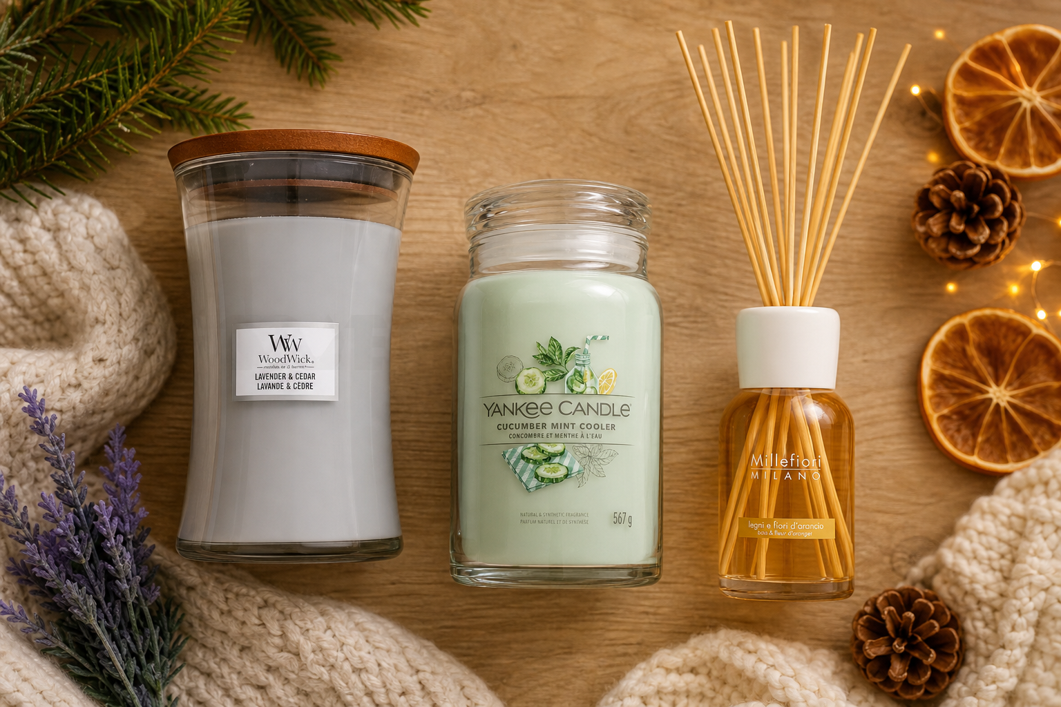 Drei Zutaten für Aromatherapie zu Hause: Lavendel, Minze, Zitrusfrüchte